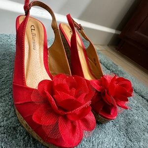 Coral Cork Wedge Sandals with Flower Accent